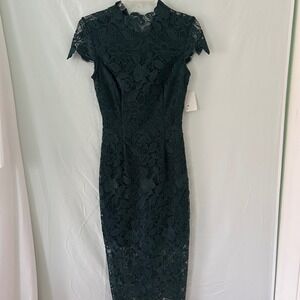 Laundry by Shelli Segal Lace Sheath Dress Mock Neck Cap Sleeve Dark Green Size 2